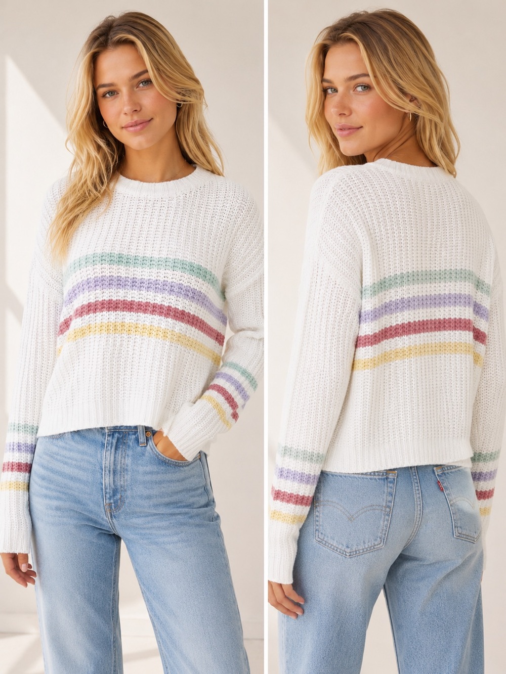 NWOT Hollister White Crewneck Soft Knit Sweater with 70s Pastel Stripes